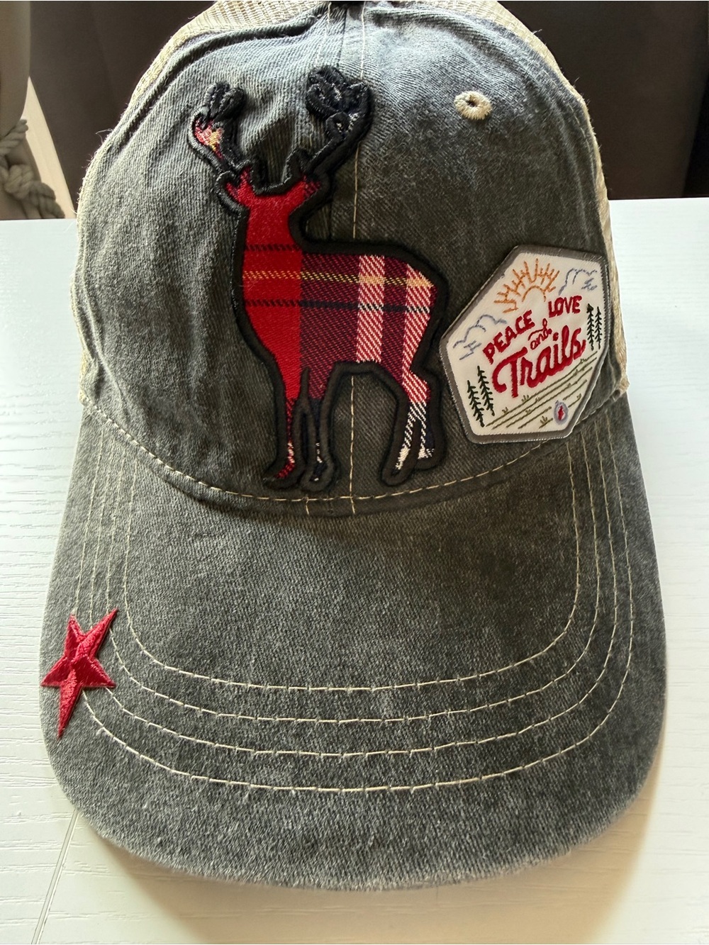 Gray Trucker Hat Patch Baseball Cap Peace Love Trails Hiking Deer Mesh Back